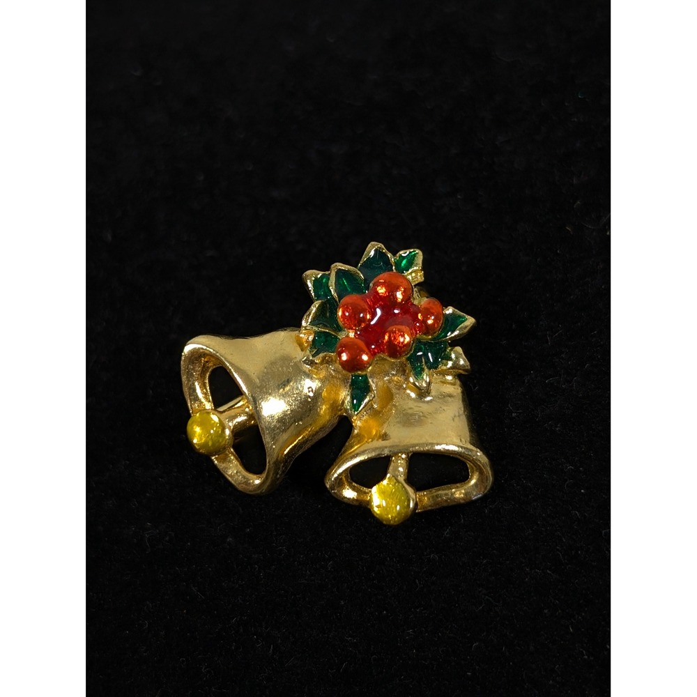 Vintage Double Bell Christmas Brooch Gold Tone Holly Holiday Pin